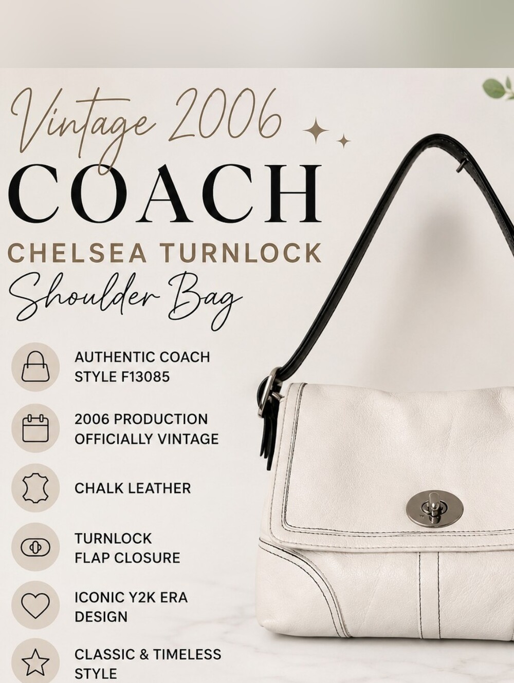 Vintage Coach Chelsea Chalk Leather Turnlock Shoulder Bag F13085 Y2K - Picture 13 of 13